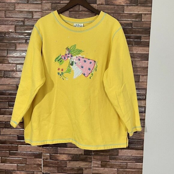 Quacker Factory 2X Sweater Sweatshirt SPREAD JOY" Yellow Embroidery Beads - Picture 1 of 6